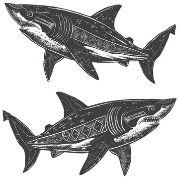 Two Detailed Black and White Great White Sharks with Tribal Patterns