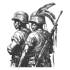 Obraz premium Two Soldiers in Combat Gear, One with Feathers Adorning His Helmet