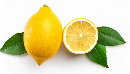 fresh organic yellow lemon fruit with slice and green leaves isolated on white background top view flat lay