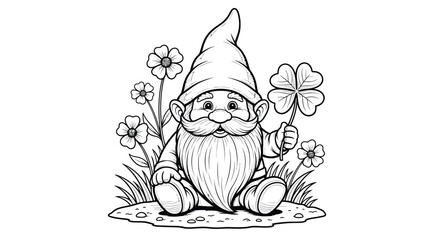Obraz premium A whimsical garden gnome with a lucky four-leaf clover is depicted in a charming, detailed illustration.