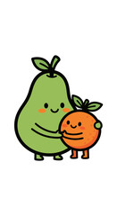 Cute Green Pear and Little Orange Fruit Characters Happily Hugging with Smiles and Rosy Cheeks