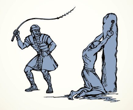 Vector drawing. Beaten man tied to a pole