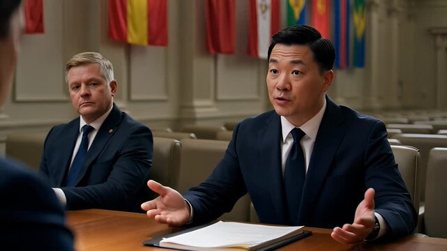 International Business Negotiations: Global Diplomacy Meeting with Corporate Leaders for Strategic Partnership and Policy Discussion