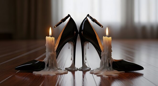 High-fashion black stilettos dissolve into pools of melting white wax as lit candles flicker, creating a powerful metaphor for the fragility of beauty and the ephemeral nature of status
