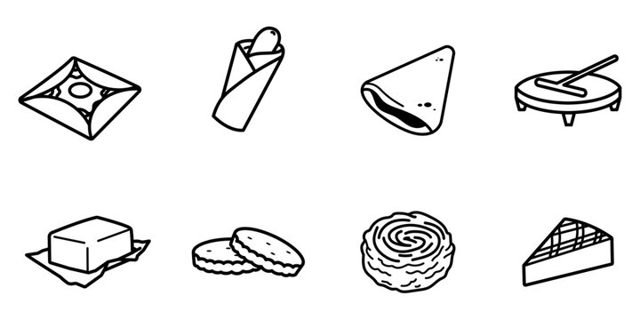 Collection d&rsquo;ic&ocirc;nes culinaires minimalistes repr&eacute;sentant des sp&eacute;cialit&eacute;s bretonnes : galette, galette saucisse, cr&ecirc;pe, beurre demi-sel, palets et g&acirc;teau breton en style line art noir.