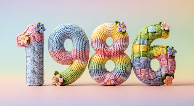 Year 1986 Text Made of Intricately Knitted and Woven Yarn with Pastel Flowers for Retro Anniversary or Eighties Milestone Celebration