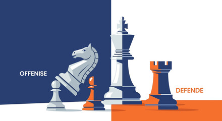 Strategic chess pieces symbolizing offense and defense with contrasting colors, a game concept © fardo