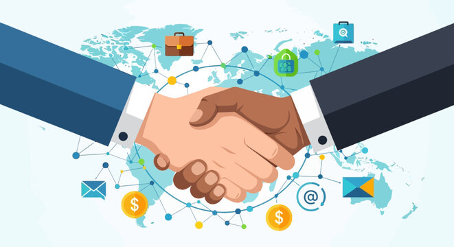 Global partnership agreement handshake illustrating international business connections