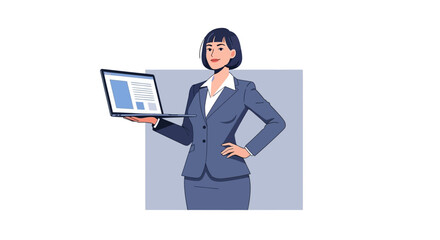 Businesswoman presenting data on a laptop in a confident pose with a neutral background