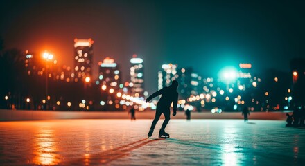Naklejka premium Lone skater silhouette glides on an outdoor ice rink at night with colorful city lights and bokeh skyline. Winter leisure, urban atmosphere, motion and freedom concept. Generative AI.