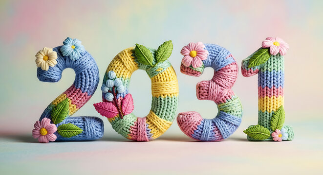 Futuristic Year 2031 Text Created with Vibrant Knitted Yarn and Spring Flowers for Happy New Year and Future Planning Concept