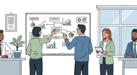 Illustration of business team brainstorming strategy during a presentation session in the office