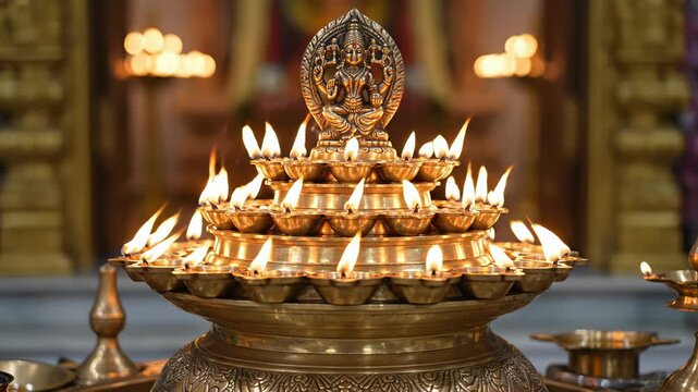 An Ornate Brass Kuthu Vilakku Lamp with Multiple Tiers Ablaze with Warm Flickering Flames Illuminates a Sacred Temple Interior Creating a Peaceful and Spiritual Ambiance