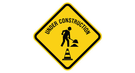 Yellow road sign indicating construction site with worker and traffic cone.