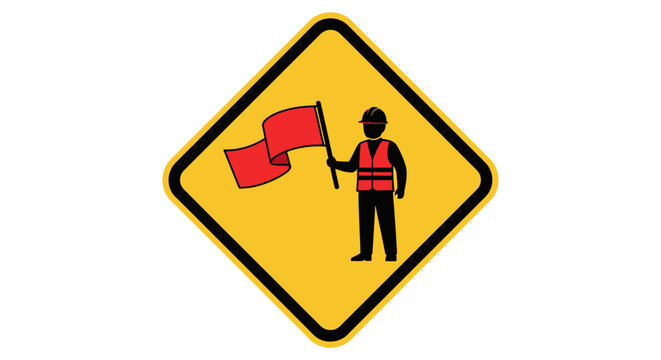 Yellow warning sign with flagman directing traffic or construction.
