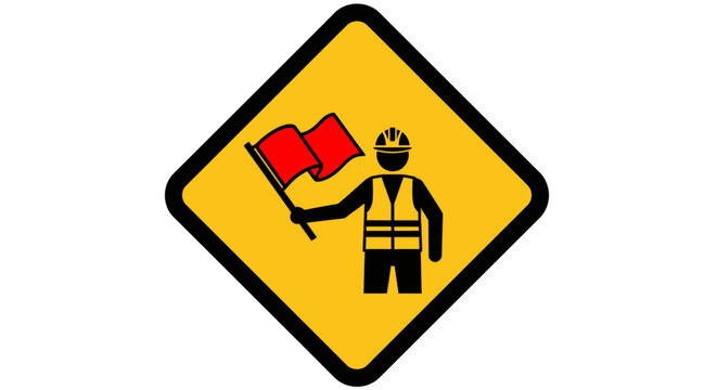 Yellow diamond-shaped road sign with flagman symbol.