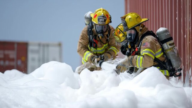 Medium shot of firefighters deploying foam fire suppression agents on a chemical spill fire to smother flames and prevent reignition.