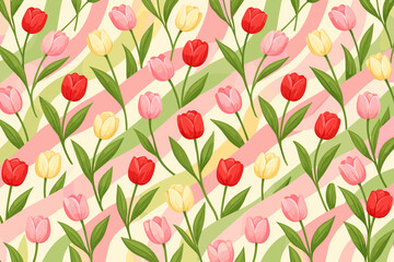 Obraz premium Bright floral pattern with various tulips on a striped background in spring colors