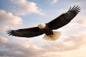 Majestic bald eagle flying through a blue sky with soft white clouds