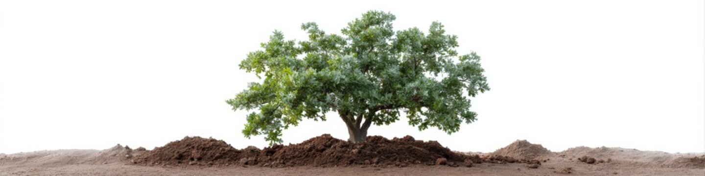 Mature tree broad canopy soil mound isolated on white background sprawling branches lush foliage