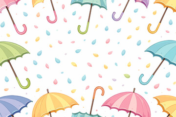 Colorful umbrellas with raindrops and petals scattered on a light background depicting a rainy day scene
