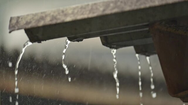 Rain falling from a roof in slow motion, a rainy day and drops falling from any roof, natural light, selective focus, slow motion.