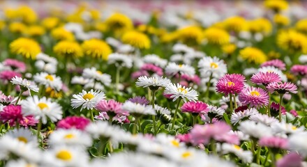 Obraz premium A vibrant field of blooming daisies and dandelions in shades of white, pink, and yellow