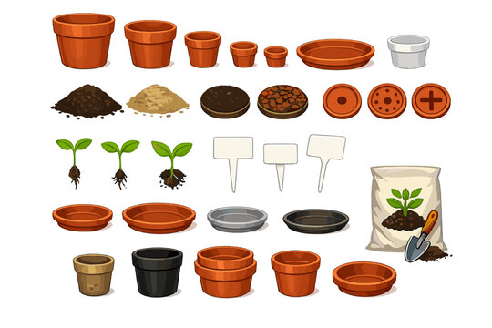 Various plant pots and gardening supplies arranged in a flat layout for planting activities