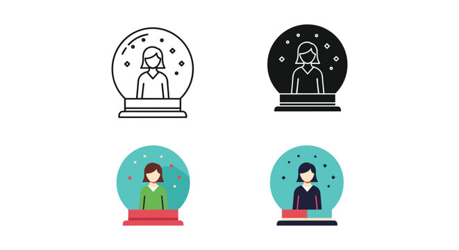 Four crystal ball fortune tellers with varying expressions and backgrounds