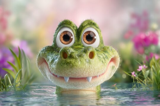 Animated baby crocodile character with large eyes and textured skin emerging from water surrounded by colorful flowers and greenery in a vibrant natural setting