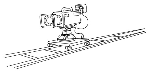 Fototapeta premium Single continuous line drawing of a professional broadcasting camera on tracks for sport events