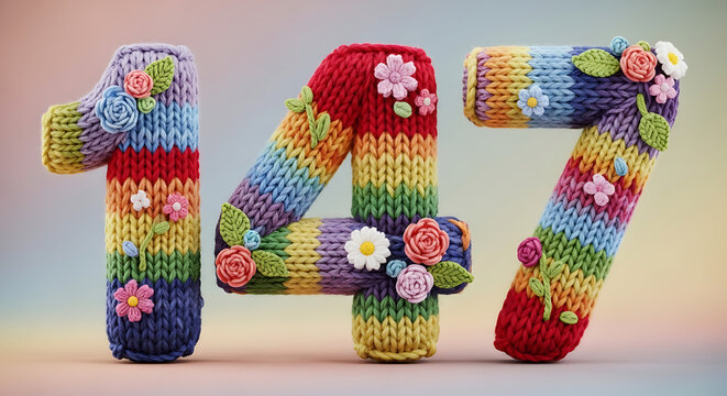 Rainbow Striped 3D Knitted Numbers 147 with Vibrant Decorative Yarn Flowers for Kids Birthday or Celebration