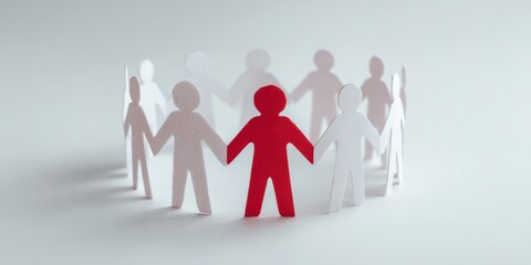 Red male caucasian adult figure centered in ring of white paper people circle symbolizing inclusion leadership unity community support belonging