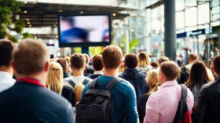 Obraz premium Diverse Group of People Watching Important Information on a Screen Outdoors
