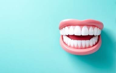 Fototapeta premium Smiling Mouth Model Displaying Healthy Teeth Against Blue Background