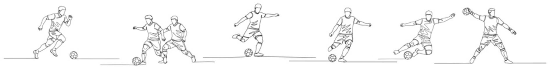 Collection of soccer players in different match situations drawn in minimalist one line style © Alicja