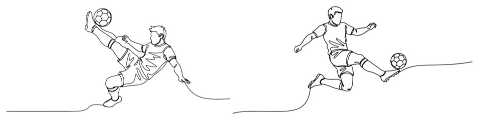 Fototapeta premium One line drawing of soccer players performing professional bicycle kicks