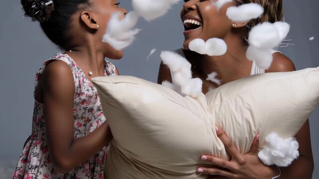 Mother and daughter share joyful moments in a playful pillow fight indoors surrounded by soft, fluffy pillow stuffing during a sunny afternoon