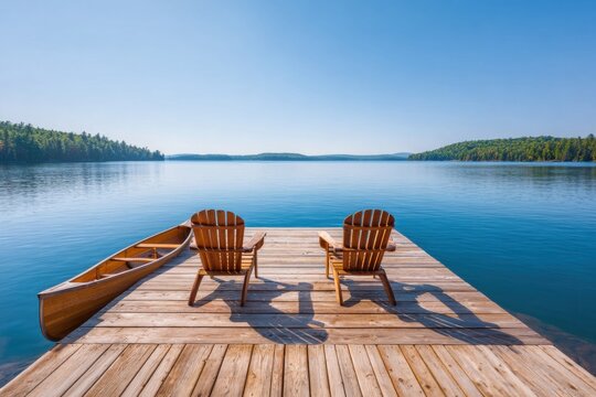 Wooden dock extending over calm lake with two Adirondack chairs and a canoe, surrounded by lush green forest under a clear blue sky