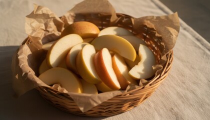 Perfectly Sliced Apples and Pears Artfully Arranged in a Rustic Wicker Basket Lined with Brown Paper
