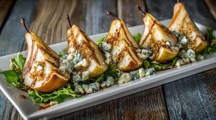 Warm Baked Pear Halves with Crumbled Blue Cheese and Greens on a White Platter