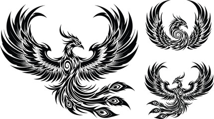 Tribal phoenix bird vector collection, ornate mythical firebird with spread wings and swirling feather details, black tattoo fantasy emblem set © Ideasy Mind