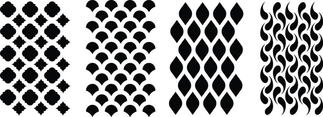 Set of Seamless Geometric Patterns: Moroccan Quatrefoil, Fish Scale, Leaf, and Paisley Wave Ornaments © Raghu