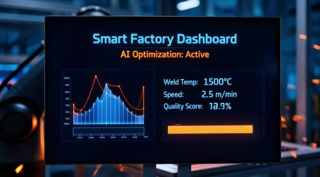 Robot welding process in a smart factory, digital control screen lights up, futuristic atmosphere, AI technology, contrasting blue and orange color tones.