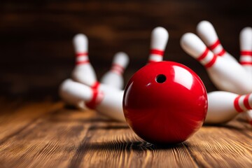 Polished Red Bowling Ball Striking Pins in Dramatic Lighting Scene