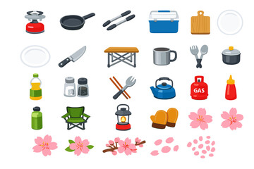 Cooking tools and supplies are arranged for outdoor meal preparation at a campsite during spring season
