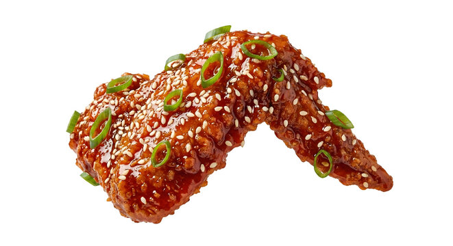 Sticky swicy fried chicken wing garnished with green onions isolated on transparent background