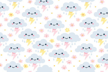 Obraz premium Cute clouds and flowers with happy faces in a fun pattern for a cheerful background design