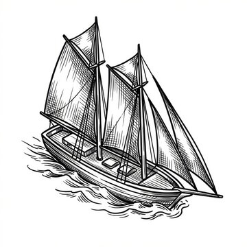 Hand drawn sketch of a sleek two-masted smuggler schooner map illustration.