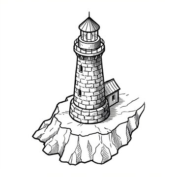 Hand drawn sketch of a coastal stone lighthouse tower map illustration.